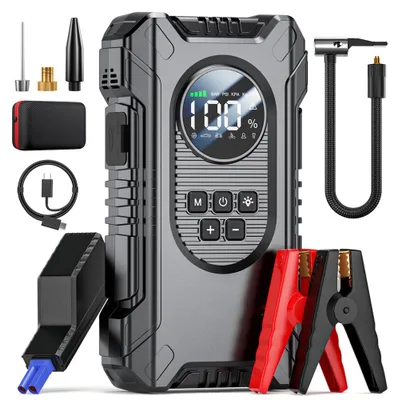 Produktbild von Starthilfe mit Luftkompressor 5000A 12V Reifenpumpe bis 150 PSI 10 bar tragbarer Akku Kompressor Powerbank Notfall LED Licht für Auto Motorrad Reifen