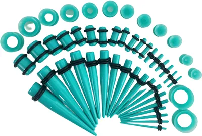 Produktbild von 50 Stück Ohr-Expander, doppelte O-Ringe, ausgestellte Tunnel, dreiteiliger Anzug, hypoallergen, Piercing-Schmuckset, glatte Oberfläche, Acryl-Kegel und Stecker, Silikon-Tunnel, perfektes Geschenk-Cyan
