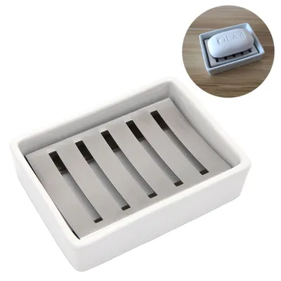 Produktbild von Seifenschale aus Keramik, Wanne und Duschseifenhalter aus Edelstahl, Seifenschale mit doppeltem Ablauf inklusive Silikonpad