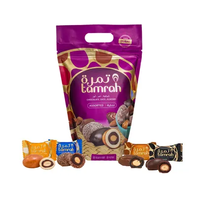 Produktbild von Tamrah Datteln, sortiert, mit Schokolade überzogen und mit Mandeln gefüllt, 600 g