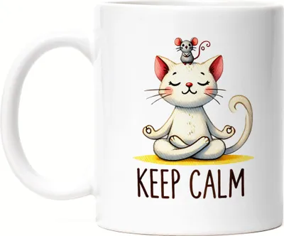 Produktbild von Keep Calm Tasse Weiß Geschenkidee für Yoga-Fans und Katzenliebhaber
