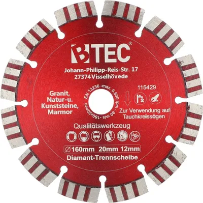 Zdjęcie produktu dla Diamentowa tarcza tnąca Tarcza tnąca do pił wgłębnych Ø 160 mm Średnica 20,0 mm Grubość 3 mm Segmenty 12 mm