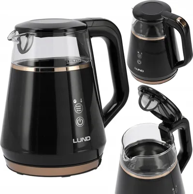 A collage of images showing a black electric kettle with gold accents from different angles, including a close-up of the lid and a view of the controls.