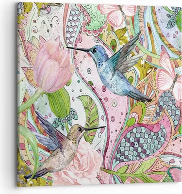 Produktbild von Bild auf Leinwand - Leinwandbild - Vogel Schmetterling Blume - 70x70cm - Wand Bild - Wanddeko - Leinwanddruck - Bilder - Kunstdruck - Wanddekoration - Leinwand bilder - Wandkunst - AC70x70-4065