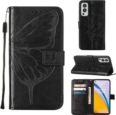 Produktbild von OnePlus Nord 2 5G Hülle, Schmetterling Prägung Flip Leder Kartenfächer Schutzhülle Ledertasche mit Ständer für OnePlus Nord 2 5G Schwarz