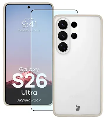 Produktbild von Schutzhülle + gehärtetem Glas für Galaxy S26 Ultra, Bizon Angelo Pack, Semitransparent mit beigem Rahmen