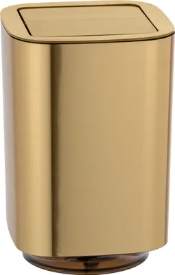 A close-up studio shot of a gold-colored trash can with a flip-top lid.
