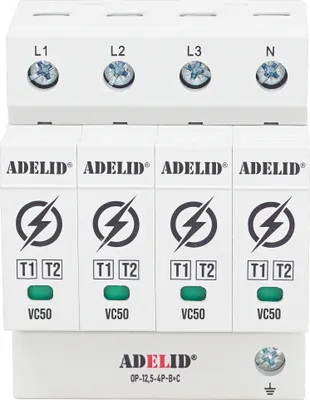 A white electrical surge protector with four modules, each labeled with a lightning bolt symbol and 'T1 T2'.