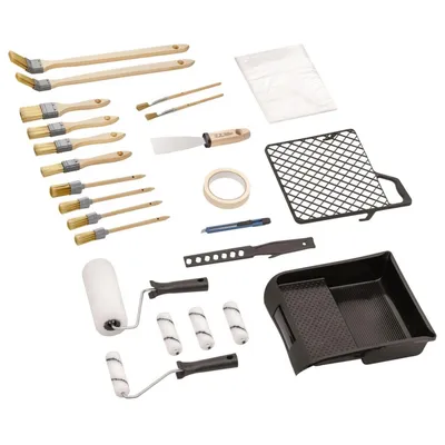 Produktbild von Maler und Renovier Set 25 teilig Komplettset mit Farbwalzen Pinseln Abdeckfolie Kreppband Spachtel Farbwanne Abstreifgitter