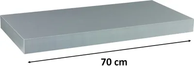 A silver floating shelf is shown from a diagonal angle against a white background.
