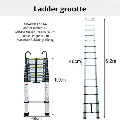 Obrázek produktu pro Teleskopický žebřík - 6,2 m - Odnímatelné háky - Výsuvné schůdky - Skládací - Protiskluzové nožičky - DIY - Schody