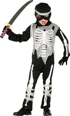 Produktbild von Skelett Ninja Halloween Kostüm Kinder Schwarz Weiß Kapuze Hose, Größe: 140/146 Farbe: Weiß