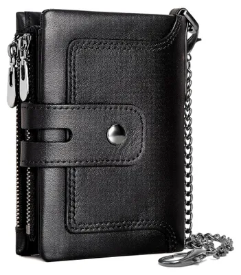 Produktbild von Leder Geldbörse Herren mit RFID Schutz Slim Portmonee Herren mit Kette Echtleder Klein Geldbeutel Männer 15 Kartenfächern und Reißverschluss Münzfach Portemonnaie Damen Brieftasche (schwarz)