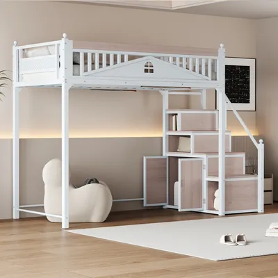 Produktbild von Flieks Etagenbett 90x200cm mit Treppe, Hochbett mit Schrank und Staufach, Kinderbett mit Rausfallschutz und Lattenrost, Metallbett Einzelbett, Weiß