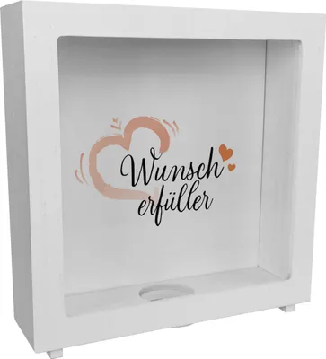 Produktbild von Rahmen Spardose aus Holz mit Herzmotiv und Text - Wunscherfüller mit Herzchen
