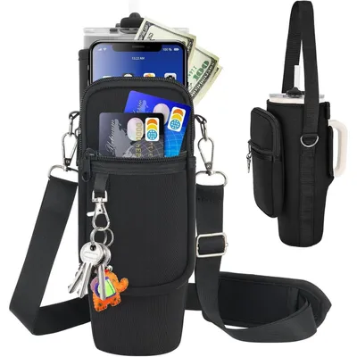 Immagine prodotto di Borsa termica per bottiglie da 40 once, in neoprene nero, con tasca per il telefono e tracolla