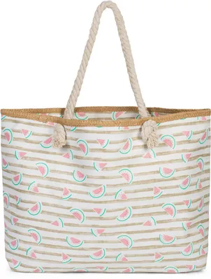 Produktbild von styleBREAKER XXL Strandtasche mit Melonen Print und Streifen | Damen Shopper mit Kordelhenkeln und Reißverschluss | Badetasche mit Früchte Muster | 59 x 38 x 15 cm