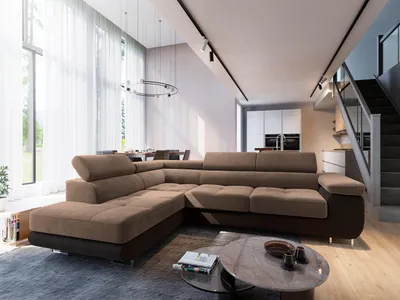A modern living room with a large sectional sofa, dining table, and kitchen area visible.