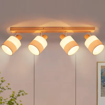 Zdjęcie produktu dla ZMH Lampa sufitowa , 4 płomienie, reflektor sufitowy E14, vintage, drewniany spot sufitowy, z kloszem z tkaniny, obrotowy 350°, MAX.25W, bez żarówek