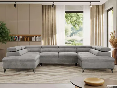 Produktbild von Ecksofa mit Schlaffunktion, Bettkasten, U-form, einstellbare Kopfstützen, Wohnzimmersofa - PABLO U - Velvet - Hellgrau
