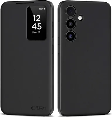 A black smartphone case with a transparent window showing the time and date is displayed from the front and back.
