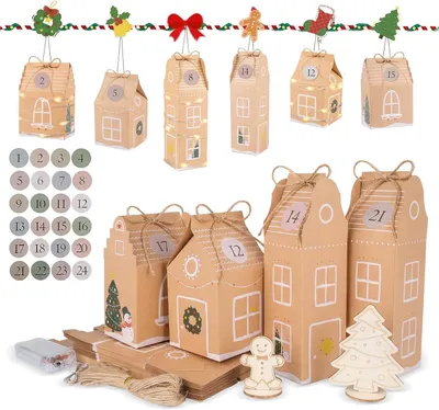 Produktbild von Adventskalender zum Befüllen – 24 wiederverwendbare Weihnachtshäuschen-Sets mit Zahlaufklebern und Juteband