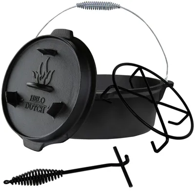 Produktbild von Dutch Oven Set Gusseisen Deckelheber Feuertopf Schmortopf Kochbuch 1.8L - O1 ohne Füße