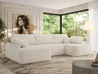 Produktbild von MKS MEBLE U-förmige Eckcouch, Wellenfeder, Ecksofa mit Schlaffunktion, Bettkasten und lose Kissen, 370x187x100cm - CUBO U - Beige Cord