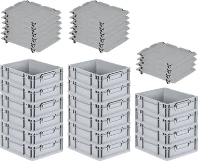 Produktbild von SuperSparSet 16x Eurobox NextGen Economy mit Auflagedeckel und 4x Schiebeschnappverschlüsse Schwarz | Griffe geschlossen | HxBxT 12x30x40cm | 11 Liter | Eurobehälter, Transportbox, Transportbehälter, Stapelbehälter