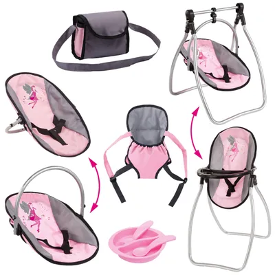 Productafbeelding van Bayer Design - 63608AB, Accessoires voor poppen, Hoge kinderstoel voor poppen, Draagzak voor poppen, Wieg voor poppen, met tas, grijs, roze