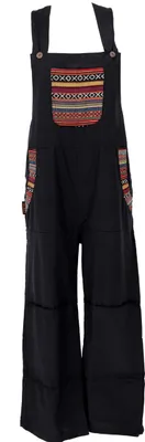 Produktbild von Weite Latzhose, Ethno Style Boho Oversize Einteiler, Overall - Schwarz, Damen, Baumwolle, Größe: L/XL