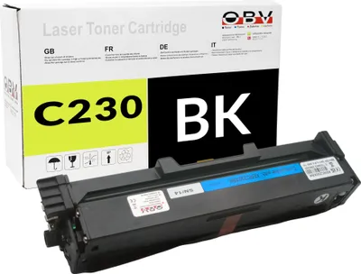 A black toner cartridge and its packaging are shown against a white background.