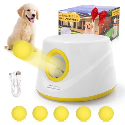Image de （Jaune）Lanceur de balles automatique pour chiens, Lanceur de balles interactif avec 5 balles & distance de lancer réglable (6m/10m/14m), Jouet pour chiens de petite et moyenne taille