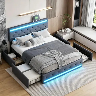 Produktbild von INONEFT Polsterbett 140x200cm mit LED & USB/Type-C, Doppelbett mit höhenverstellbarem Kopfteil, Stauraumbett mit Lattenrost & 4 Schubladen, Leinen