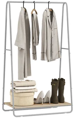 Image de Étagère à chaussures avec porte-vêtements - Meuble d'entrée 3 en 1 - Structure en métal - Rangement à chaussures - Barres latérales - Bois naturel