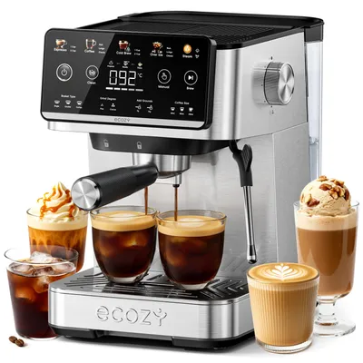 Produktbild von ecozy Espressomaschine mit Milchaufschäumer, 4-in-1 Siebträgermaschine für Espresso, Cold Brew, Over Ice, Kaffee, Latte, Touchscreen, Selbstreinigung
