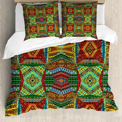 Produktbild von ABAKUHAUS afrikanisch Bettbezug Set, Traditionelle Collage der Ethnischen Eklektischen Motive, 200 x 200 cm + 80 x 80 cm, Mehrfarbig
