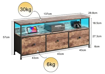 Image de Meuble TV bas - Meuble TV - 3 tiroirs en tissu - Éclairage LED - MDF, métal et panneau de particules E1 - 137 x 29,8 x 57 cm - Couleur bois