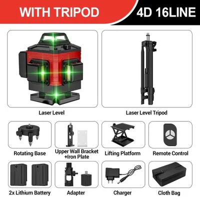 Obrázek produktu pro Křížový laser – 4D, 16 čar – samonivelační s přesností 3° – 360° pokrytí – stativ – včetně akumulátoru – látkové pouzdro – bílý