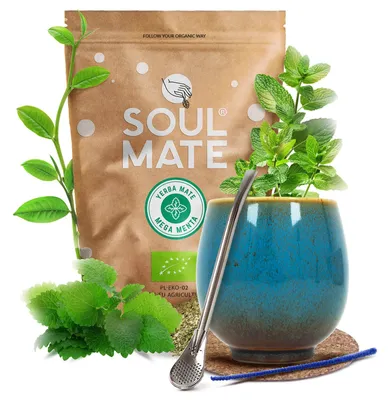 Produktbild von Soul Mate - Mate Tee Set Mega Menta 500g - Keramik Becher Isla 220ml, Edelstahl Bombilla - Yerba Mate Grün Luftgetrocknet Rauchfrei - Brasilien
