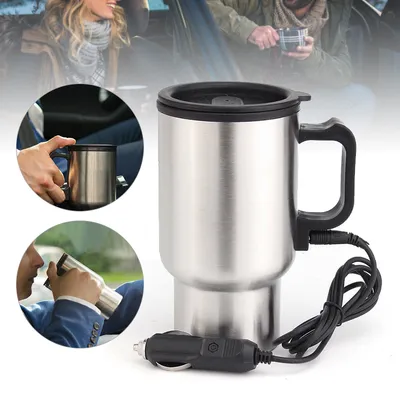 A collage of a car travel mug being used in a car, with close-ups of its features.