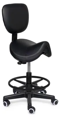 Produktbild von Premium Sattelhocker mit Lehne Schwarz Auf Räder - Hoch (70-84cm) / mit Fußstütze / Standardmäßige Räder