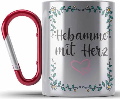 Produktbild von Trendation - Hebamme mit Herz Edelstahl Tasse Karabiner mit Spruch Geschenk (Rot)