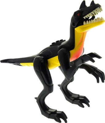 A black and yellow toy dinosaur with red eyes and sharp teeth, shown from a side-diagonal angle against a white background.