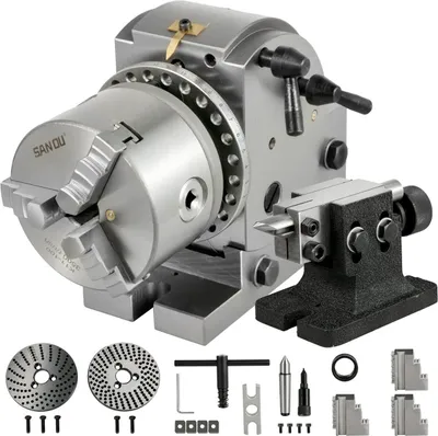 Productafbeelding van Deelkop 4 inch, indexeerbaar, freesmachine, 100 mm, semi-universele deelkop. Deelkopset met 3-klauwboord, indexplaten en staartpunt voor een precisierotatietafel