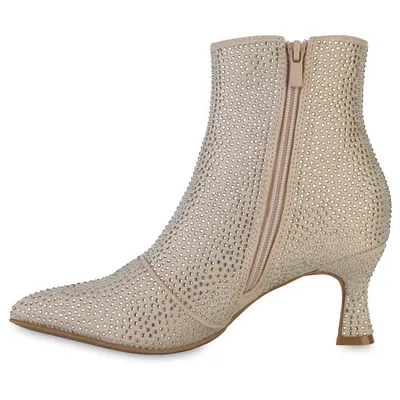 Produktbild von VAN HILL Damen Klassische Stiefeletten Spitze Strass Elegante Party Schuhe 840904, Farbe: Beige Velours, Größe: 38