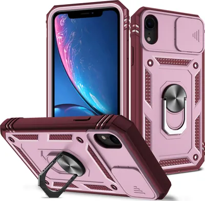 Produktbild von iPhone XR Hülle, Schiebe Kamera Schutz Robust Stoßfest Schutzhülle mit Ringhalterung Ständer Kartenhalter für iPhone XR Rosa