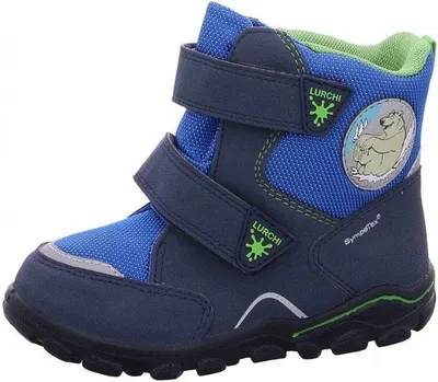 A single blue children's boot with green accents and a polar bear graphic.