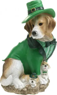 Produktbild von Beagle mit Hut und Anzug, St. Patrick's Day Figur, Gartendeko Hund mit Welpen, Polyresin, H24,5cm