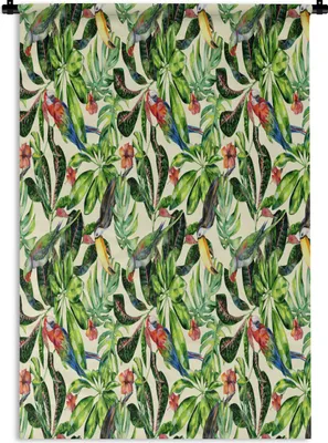 Produktbild von MuchoWow® Wandteppich Wandbehang Blumen - Hibiskus - Vogel - Muster 60x90 cm Tapisserie Dekoration Wandtuch - Foto-Teppich - Abwaschbar